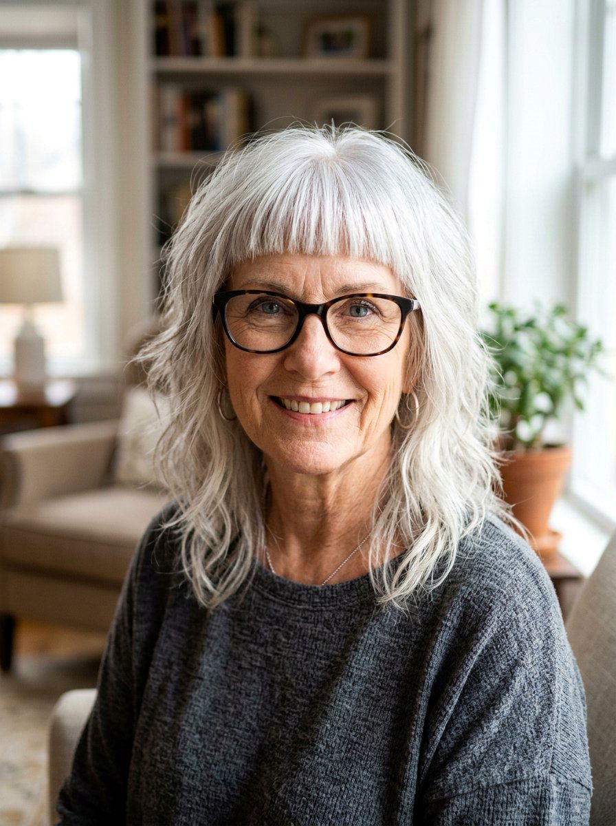 Shoulder Length Shag with Graphic Fringe for Glasses - 20 short shag with glasses for older women - 20 short shag with glasses for older women