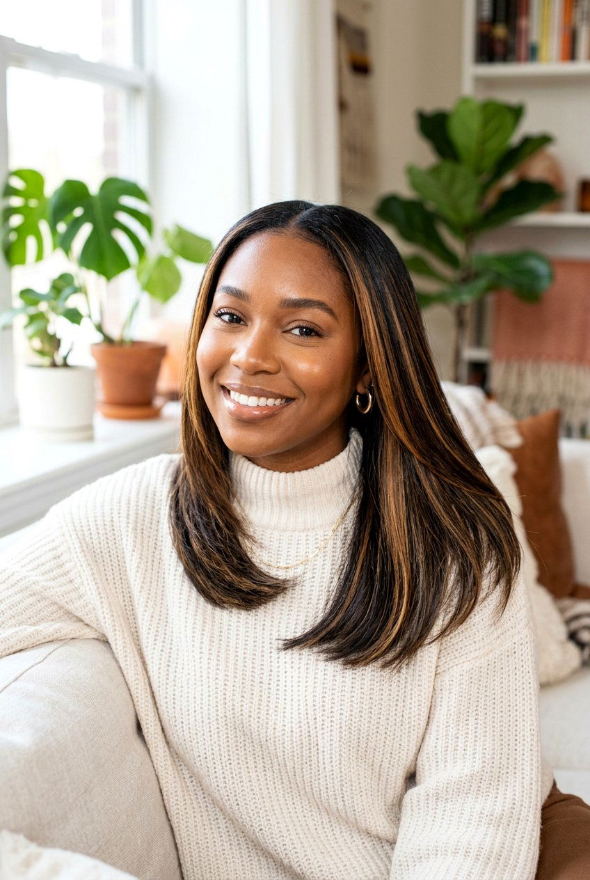 Shoulder Length Silk Press With Caramel Highlights - 20 black women shoulder length silk press ideas - 20 black women shoulder length silk press ideas