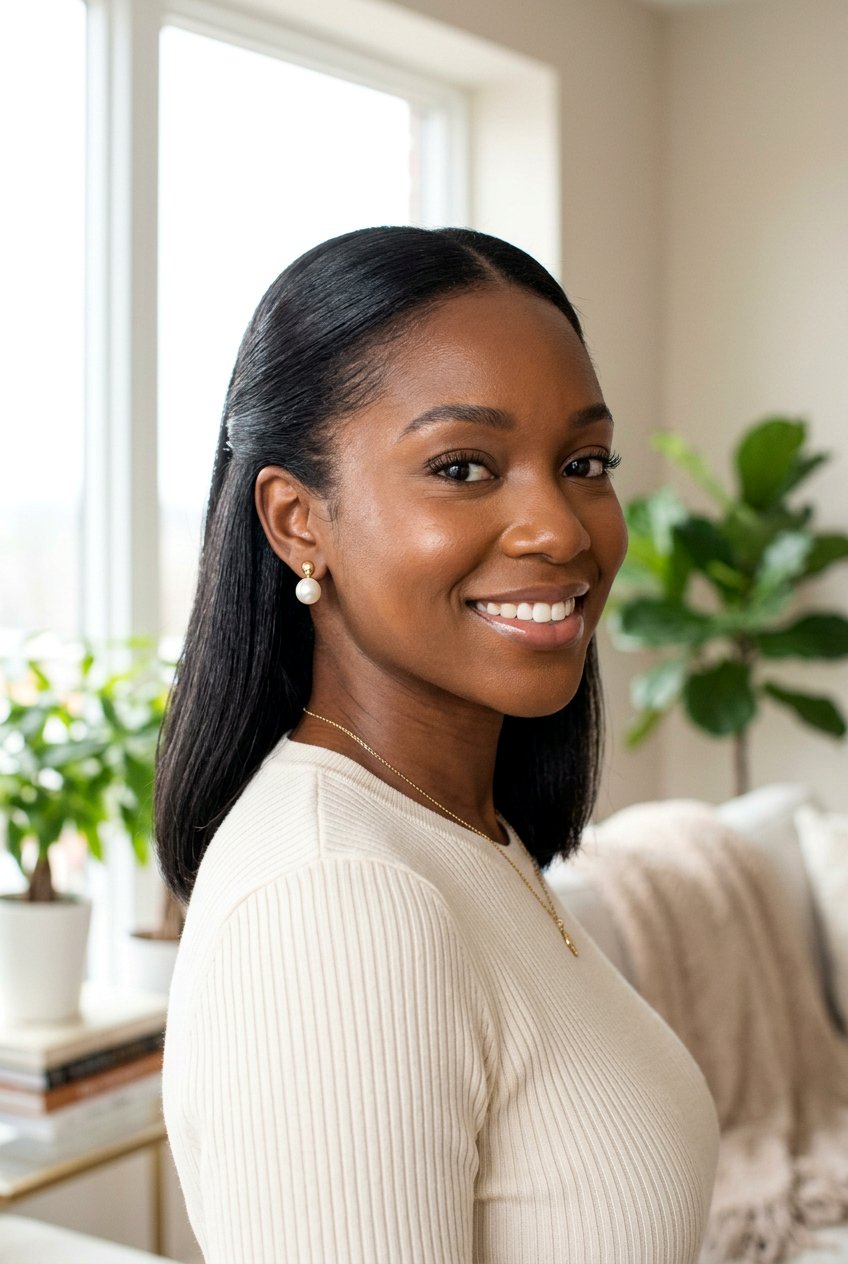 Shoulder Length Silk Press With Tucked Behind Ears - 20 black women shoulder length silk press ideas - 20 black women shoulder length silk press ideas