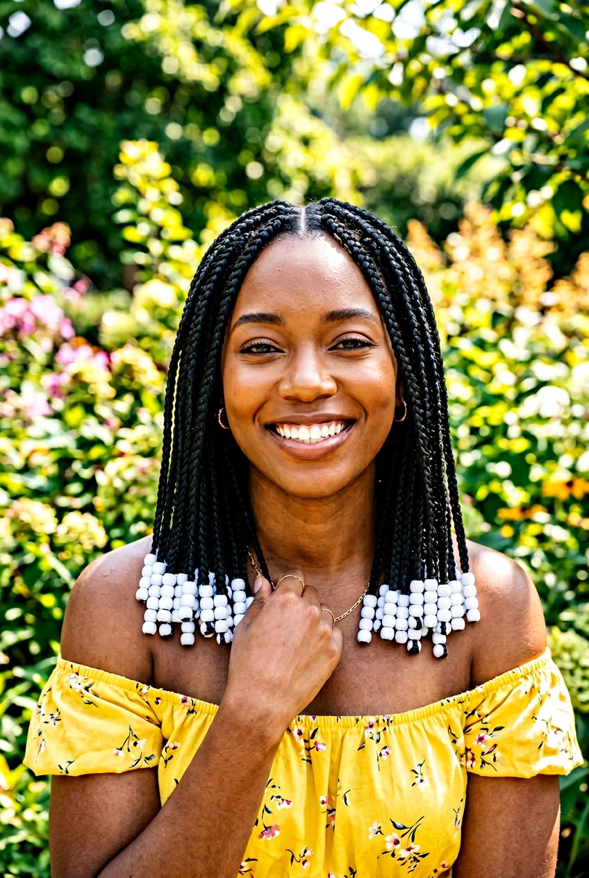 Shoulder length box braids with white beads - 20 box braids with beads - 20 box braids with beads