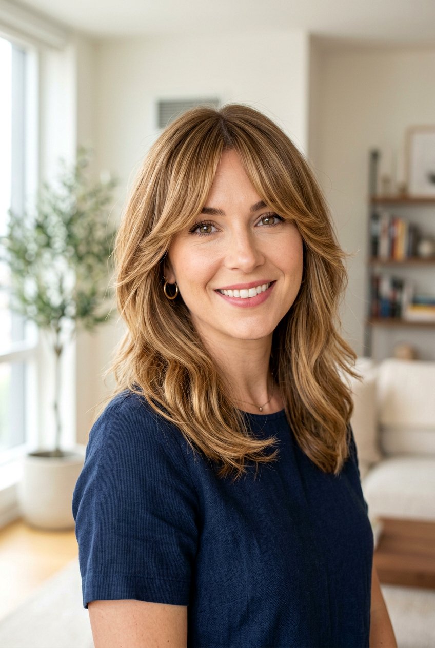 Shoulder length curtain bangs - 20 medium haircuts for round faces - 20 medium haircuts for round faces