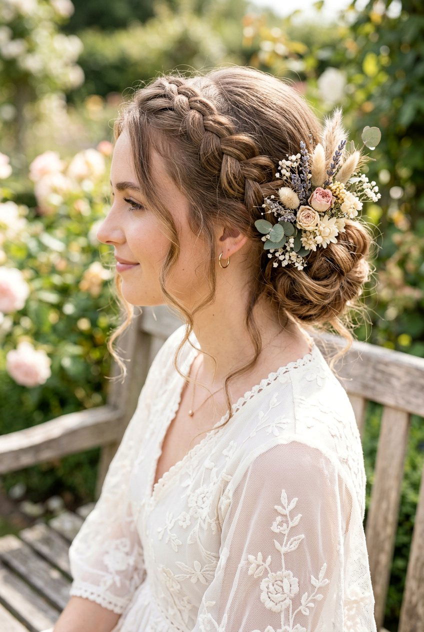 Side Boho Braid Bun With Dried Flowers - 20 boho braid with dried flowers - 20 boho braid with dried flowers