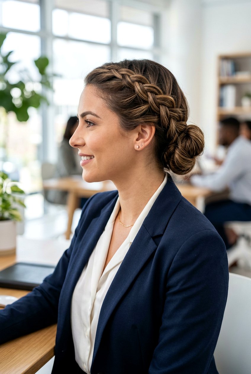 Side Braid Bun - 20 easy meeting hairstyle for women - 20 easy meeting hairstyle for women