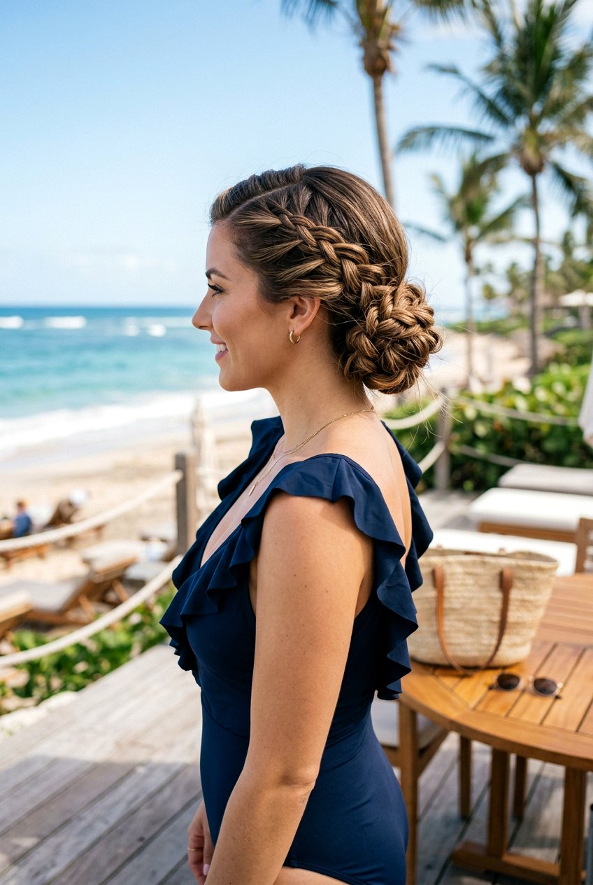 Side Braid Chignon - 20 pool day braid bun hairstyle - 20 pool day braid bun hairstyle