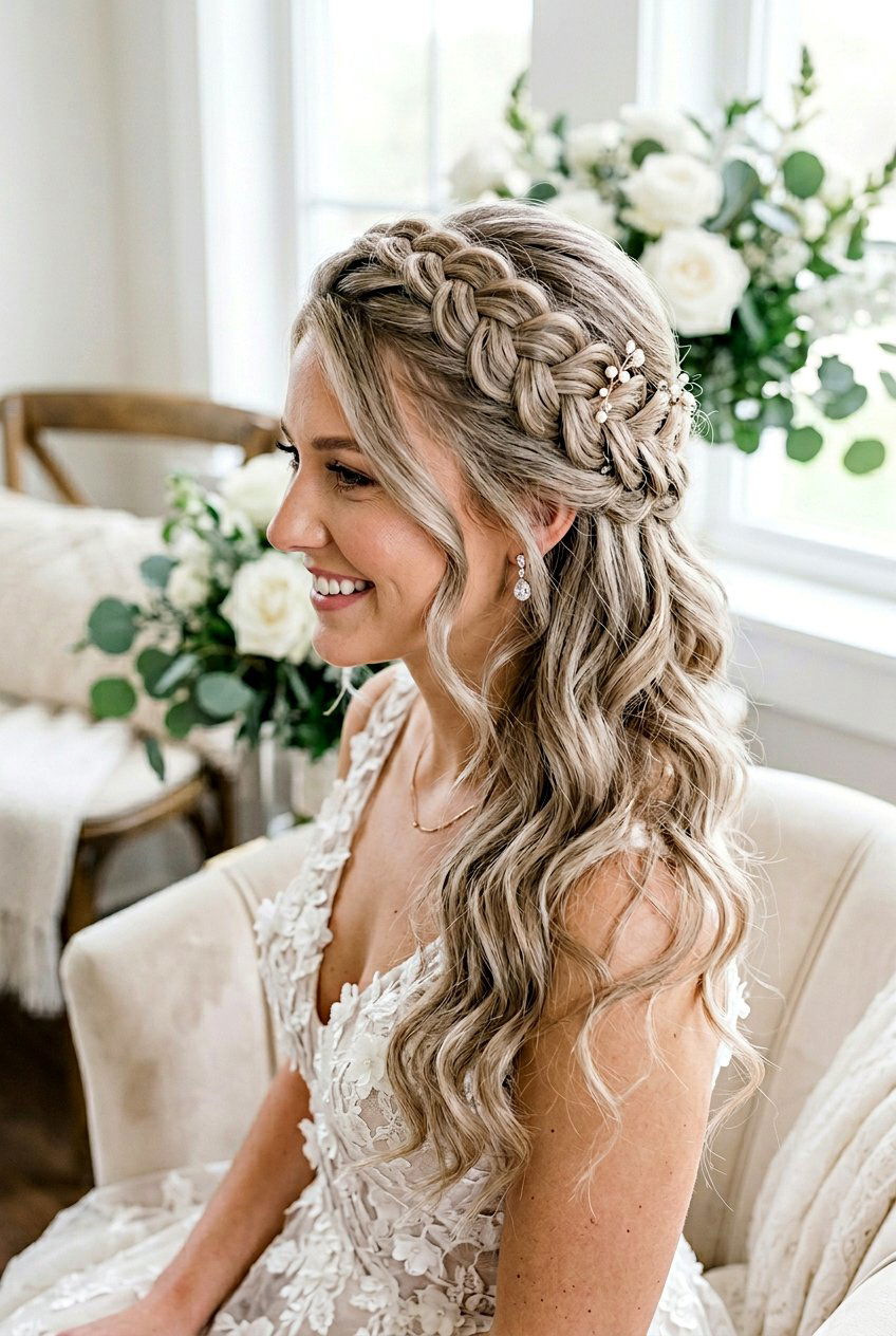 Side Braid Crown Half Up Half Down - 20 bridal half up with braid crown - 20 bridal half up with braid crown