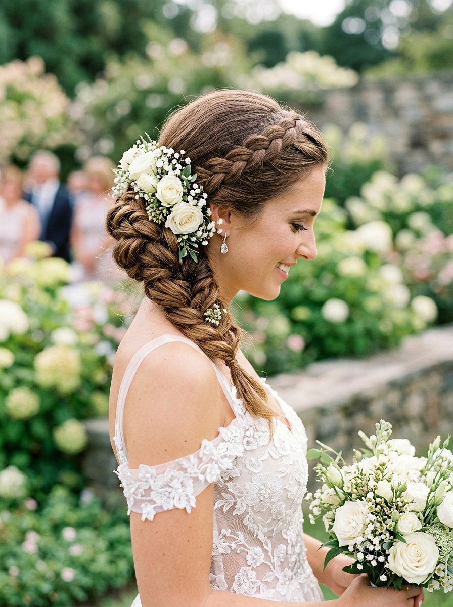 Side Braid Floral Bridal Bun - 20 side braided bridal bun - 20 side braided bridal bun