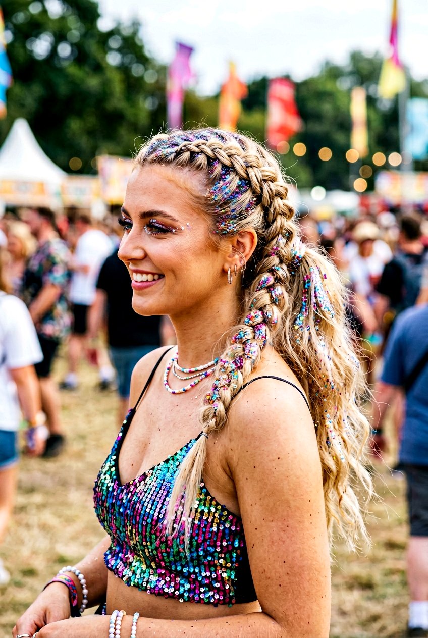 Side Braid Ponytail With Holographic Glitter - 20 festival braid ponytail with glitter - 20 festival braid ponytail with glitter