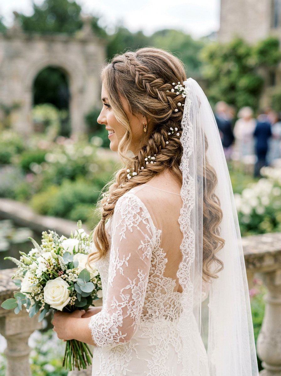 Side Braid Soft Curls Veil - 20 wedding hairstyles with soft curls and veil - 20 wedding hairstyles with soft curls and veil