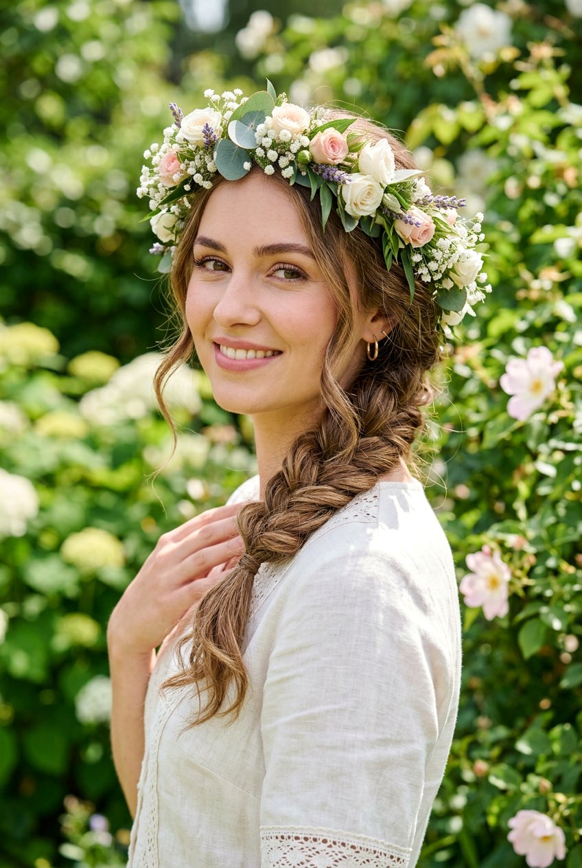 Side Braid With Flower Crown - 20 flower crown hairstyles - 20 flower crown hairstyles