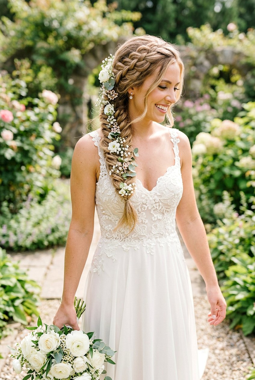 Side Braid With Fresh Flowers - 20 bridal hairstyles with fresh flowers - 20 bridal hairstyles with fresh flowers
