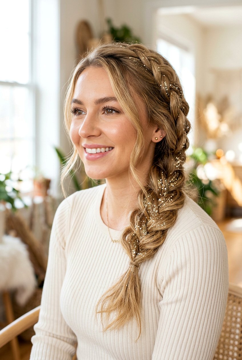Side Braid With Glitter Highlights - 20 glitter braid hairstyles - 20 glitter braid hairstyles