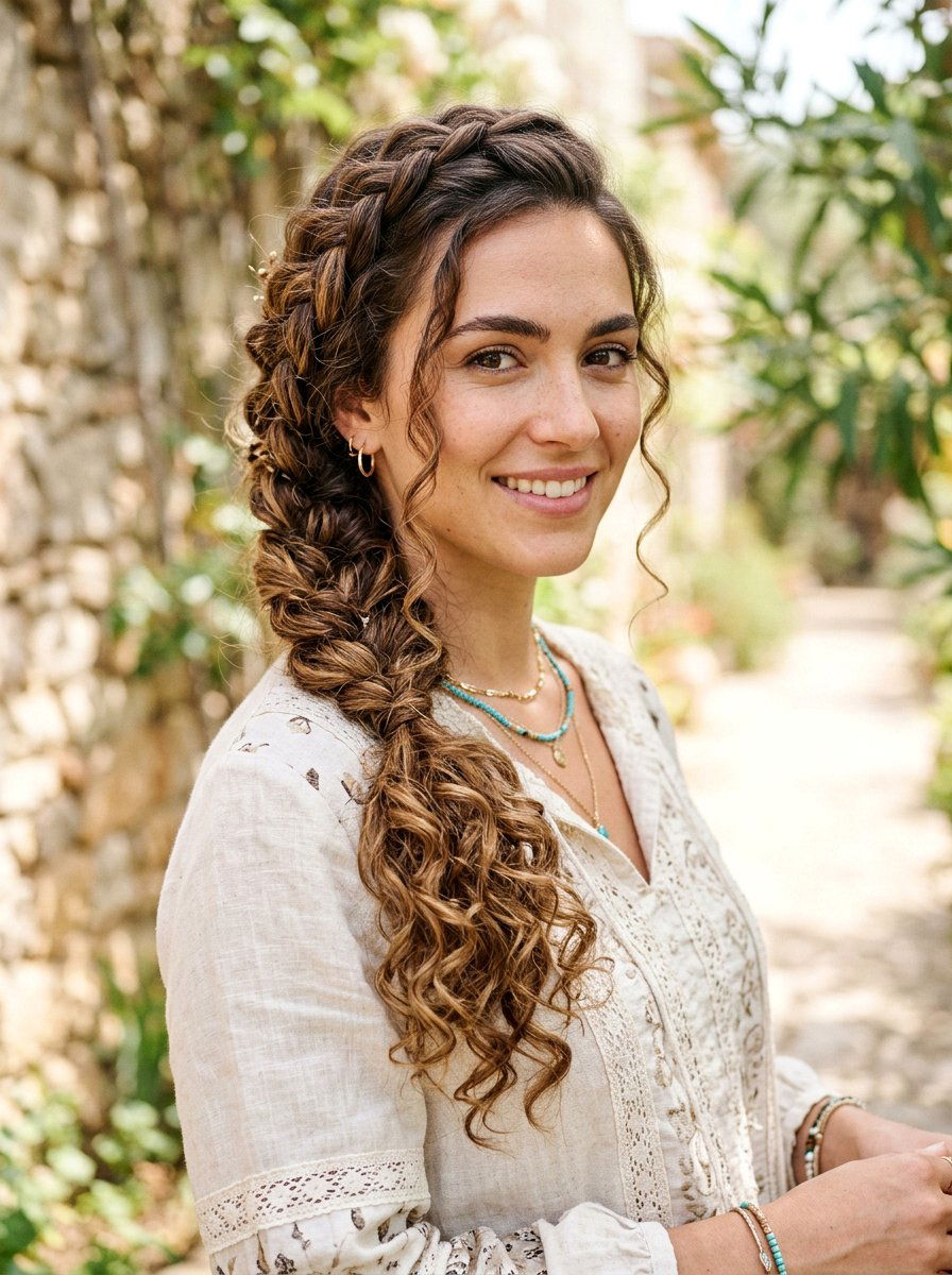 Side Braid With Loose Curly Hair - 20 recital hairstyles for curly hair - 20 recital hairstyles for curly hair