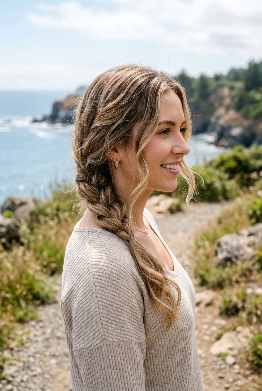 Side Braid With Loose Waves On Plane - 20 airplane friendly braid styles - 20 airplane friendly braid styles