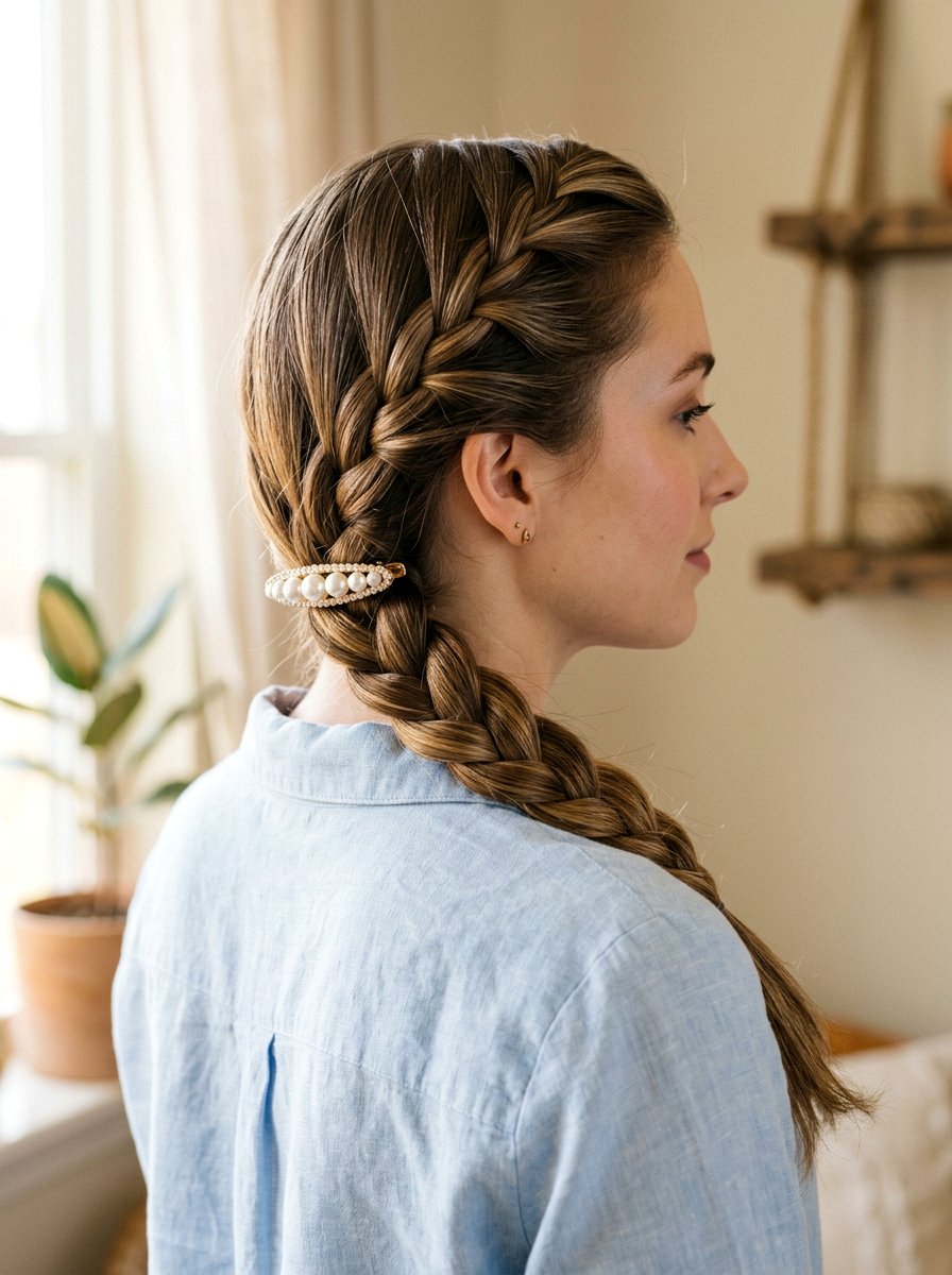 Side Braid With Pearl Barrette - 20 office hairstyle with pearl barrette - 20 office hairstyle with pearl barrette