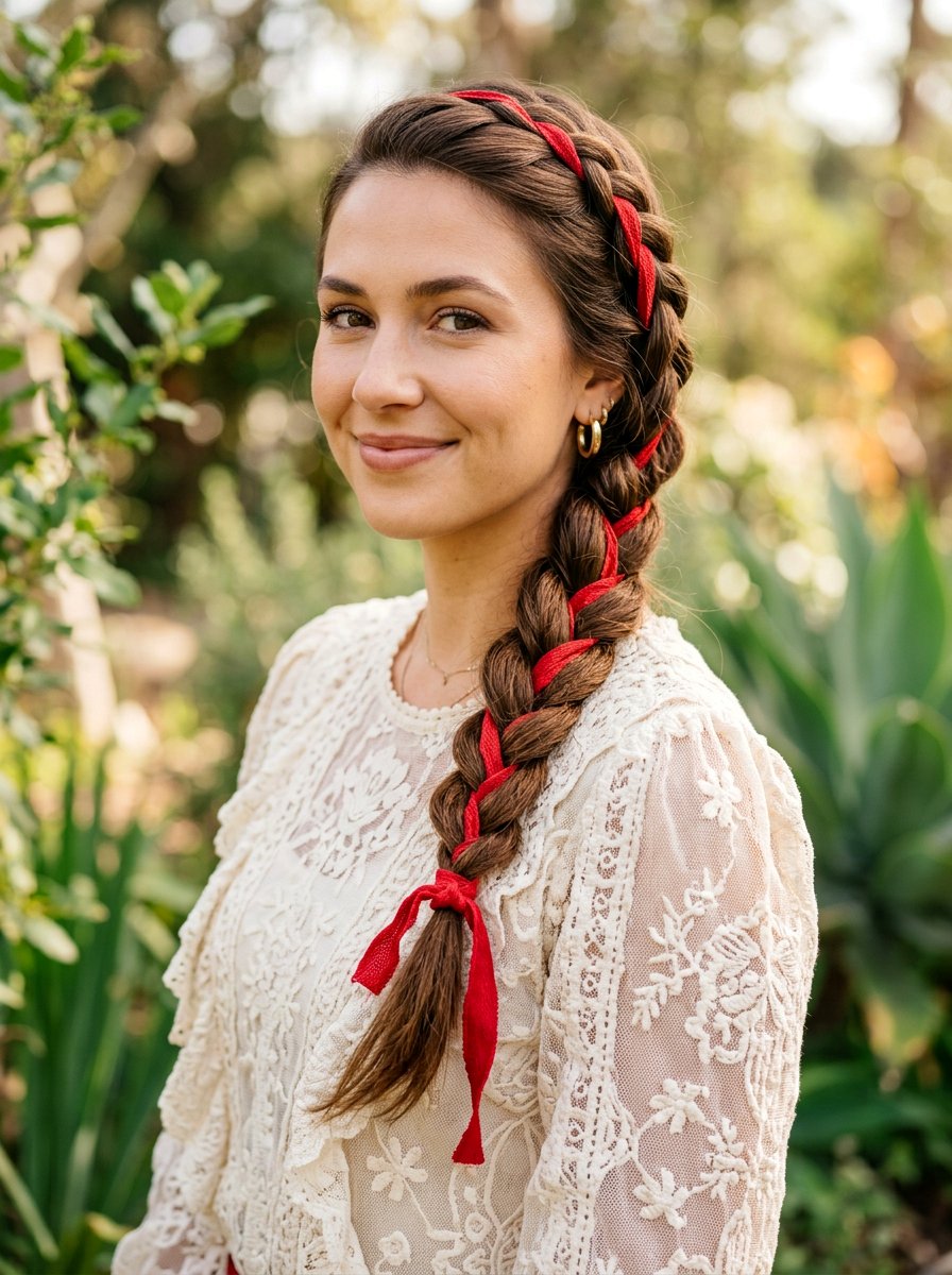 Side Braid With Red Ribbon - 20 red ribbons for medium brown hair - 20 red ribbons for medium brown hair
