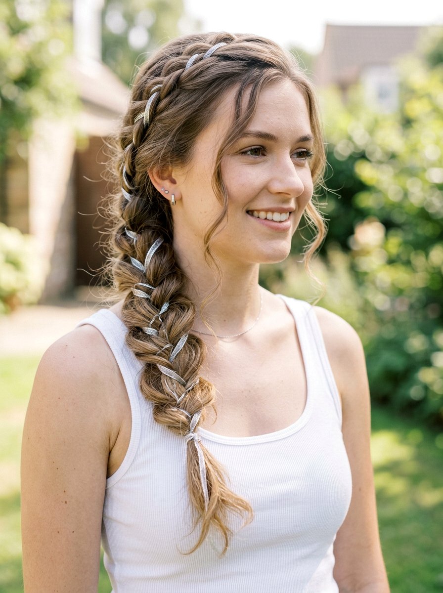 Side Braid With Silver Ribbon - 20 silver ribbons for shoulder length hair - 20 silver ribbons for shoulder length hair
