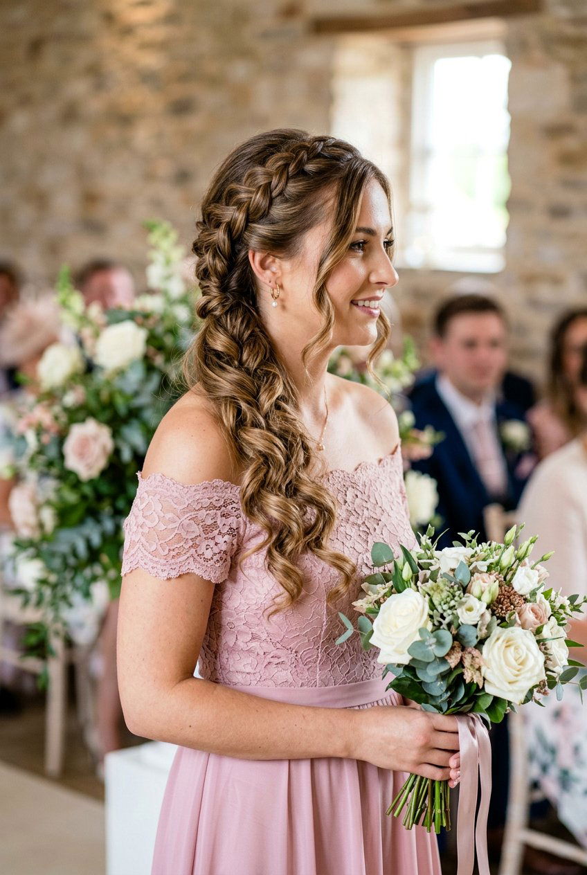 Side Braid With Soft Curls - 20 bridesmaid hairstyles with braids - 20 bridesmaid hairstyles with braids