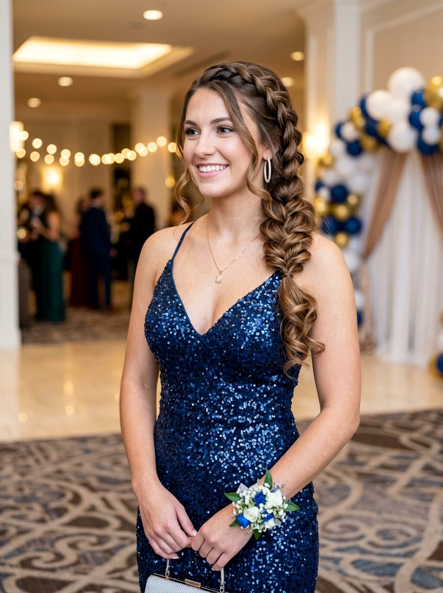Side Braid with Curled Ends for Homecoming - 20 homecoming side braid hairstyle - 20 homecoming side braid hairstyle