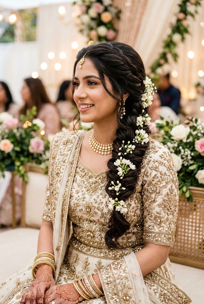 Side Braid with Flowers Walima Hairstyle - 20 walima hairstyles - 20 walima hairstyles