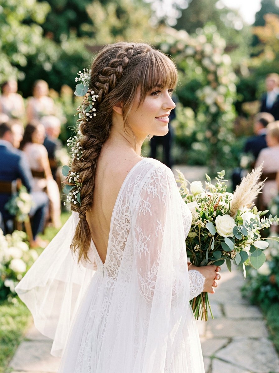 Side Braid with Soft Bangs - 20 wedding hairstyles for brides with bangs - 20 wedding hairstyles for brides with bangs