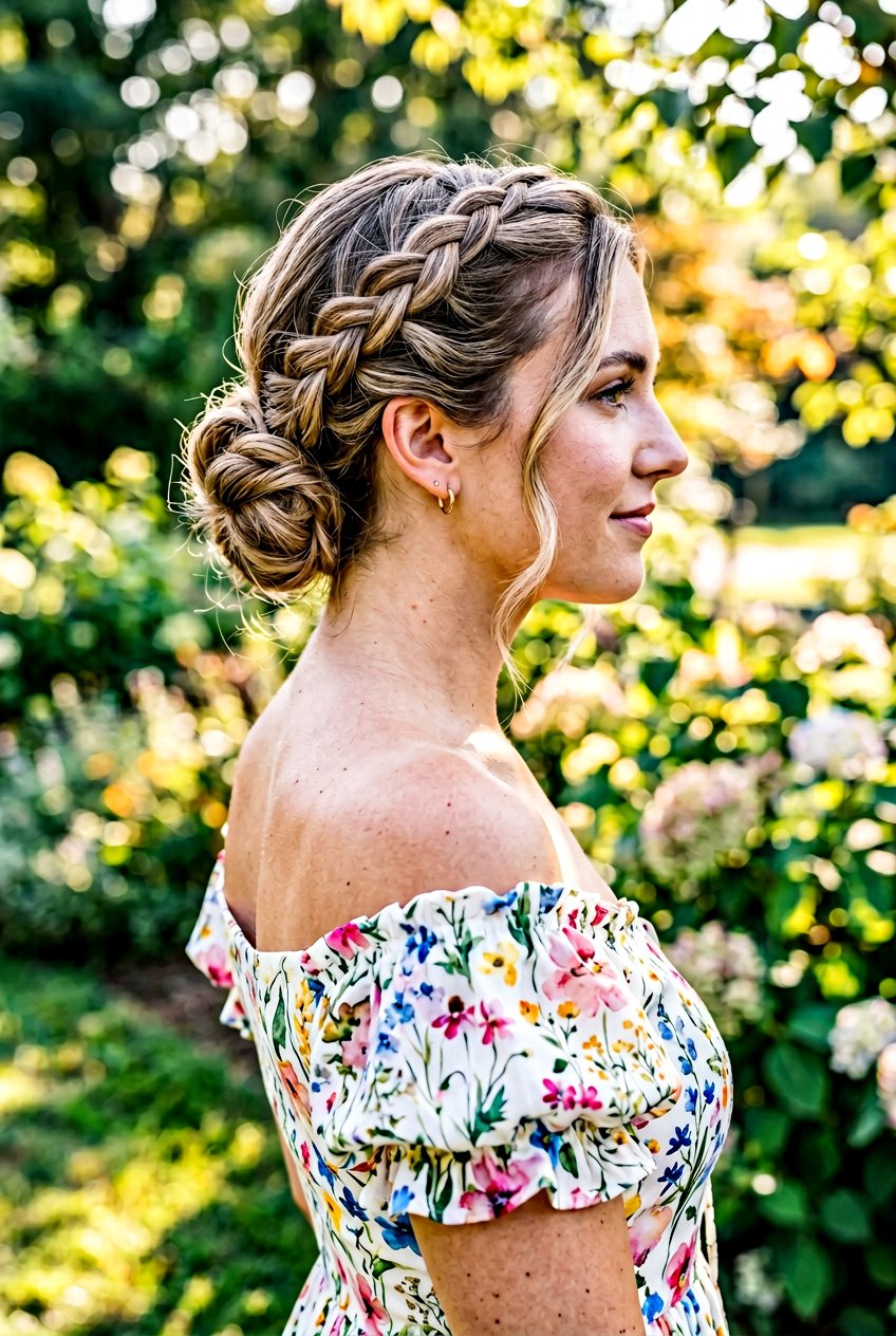 Side Braided Bun - 20 easy vacation updo for women - 20 easy vacation updo for women