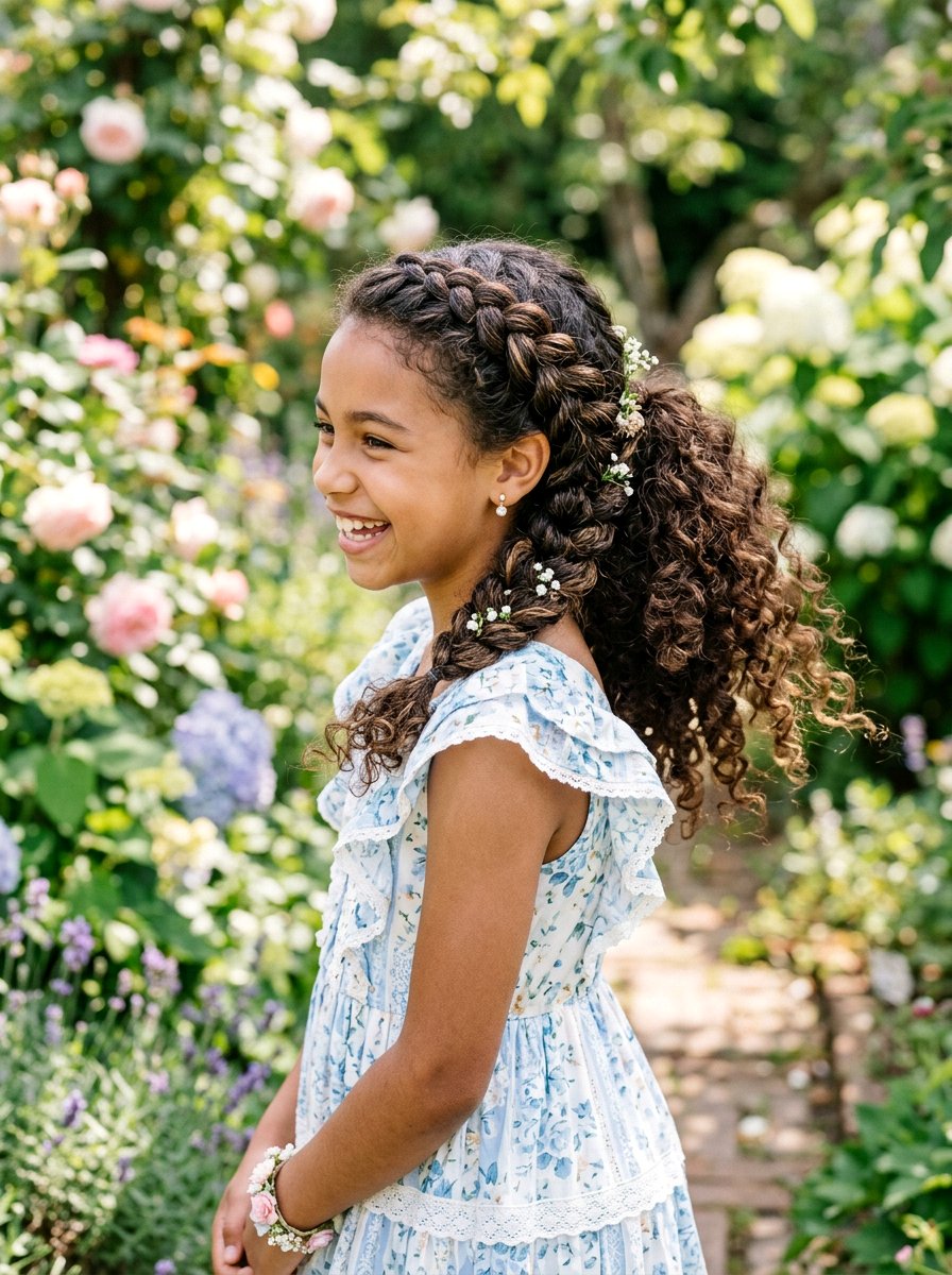 Side Braided Curly Ponytail Girls - 20 kids curly ponytail hairstyles - 20 kids curly ponytail hairstyles