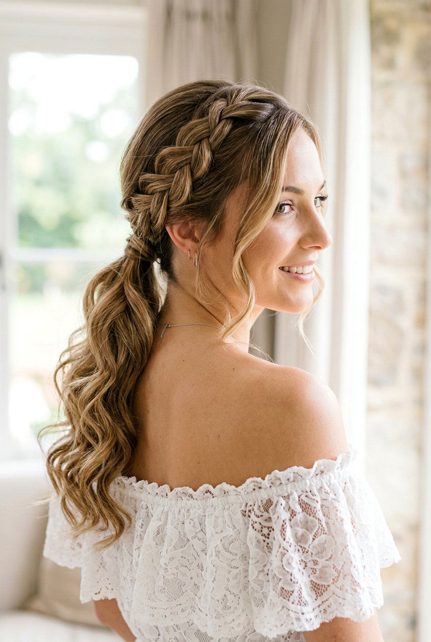 Side Braided Low Ponytail With Soft Waves - 20 braided low ponytail with waves - 20 braided low ponytail with waves