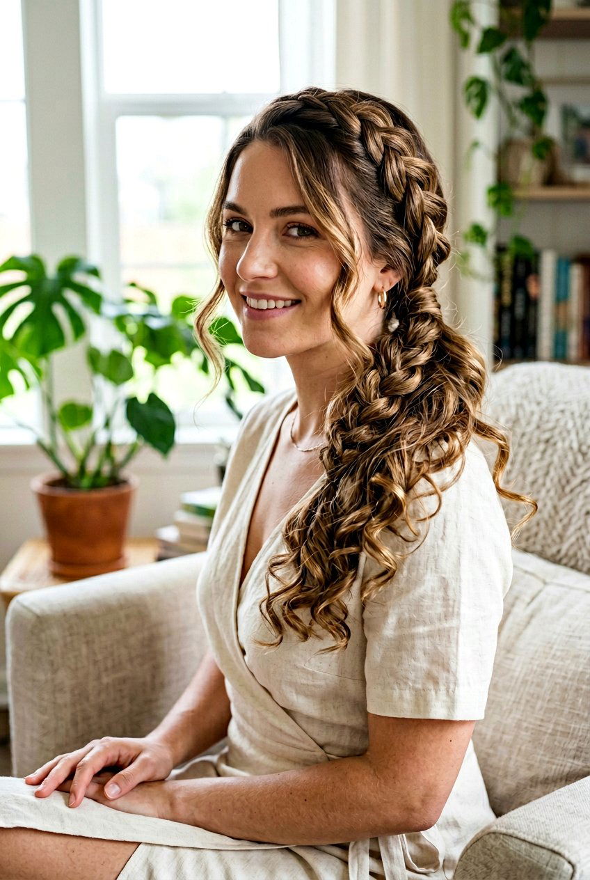 Side Braided Ponytail With Curly Ends - 20 braided ponytail with curls - 20 braided ponytail with curls