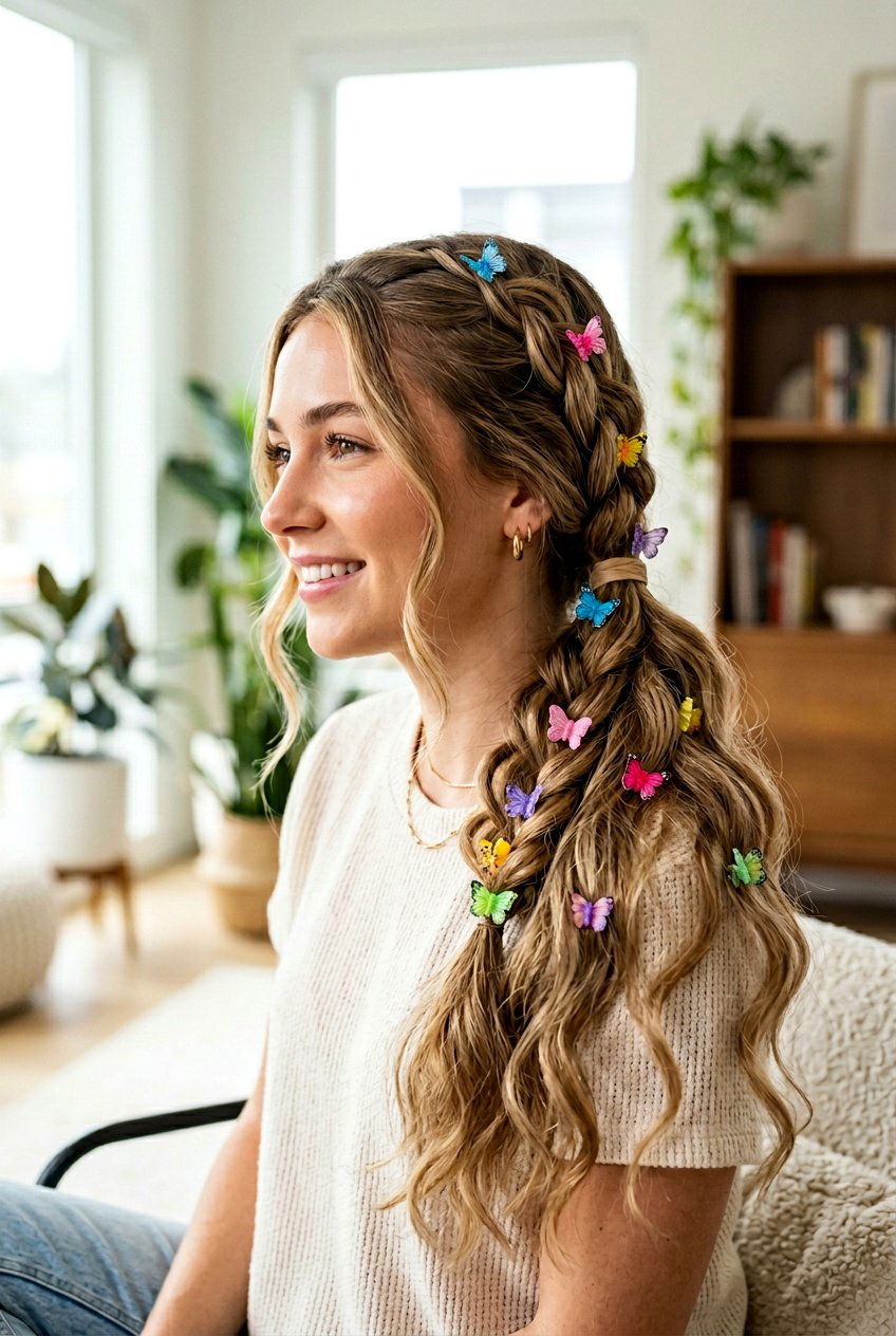 Side Braided Ponytail with Butterfly Clips - 20 last day of school hairstyles - 20 last day of school hairstyles