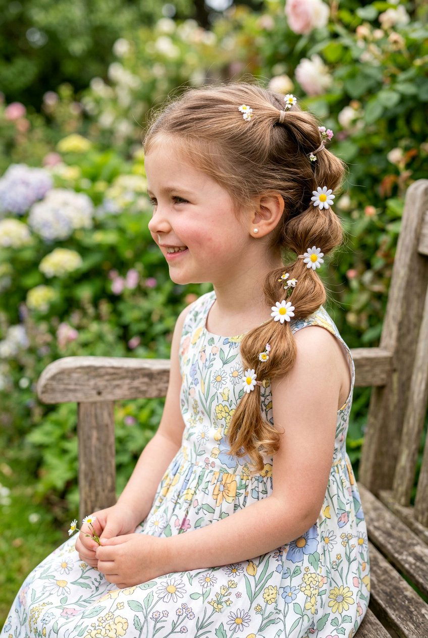 Side Bubble Ponytail With Flower Clips - 20 little girls bubble ponytail with clips - 20 little girls bubble ponytail with clips