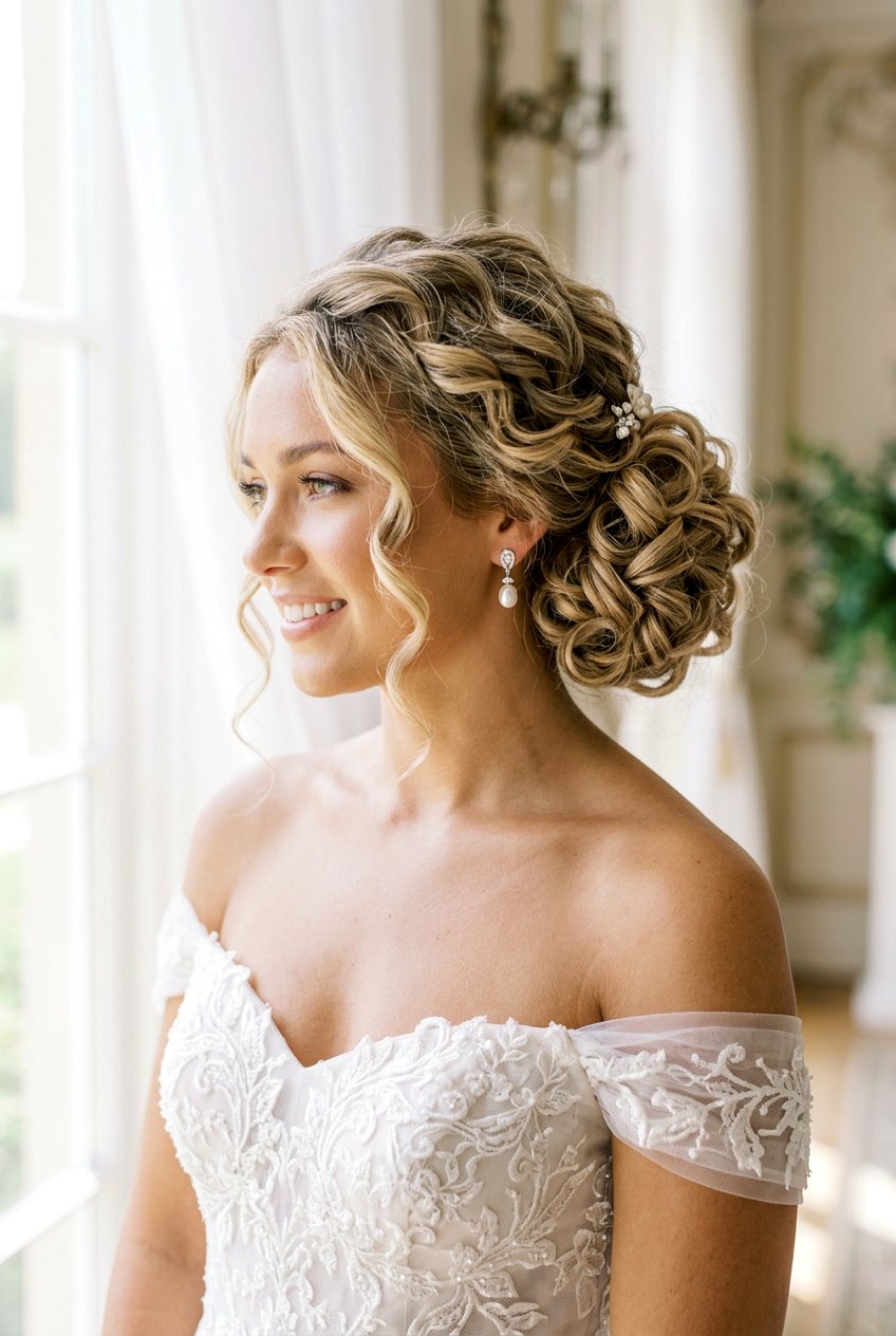 Side Bun Bridal Updo With Curls - 20 romantic bridal updo - 20 romantic bridal updo