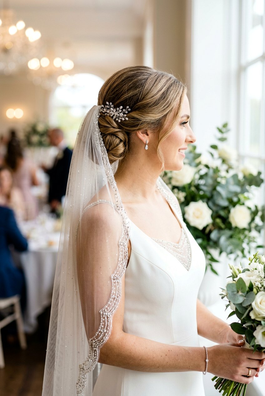 Side Bun With Beaded Veil - 20 bridal side bun with veil - 20 bridal side bun with veil