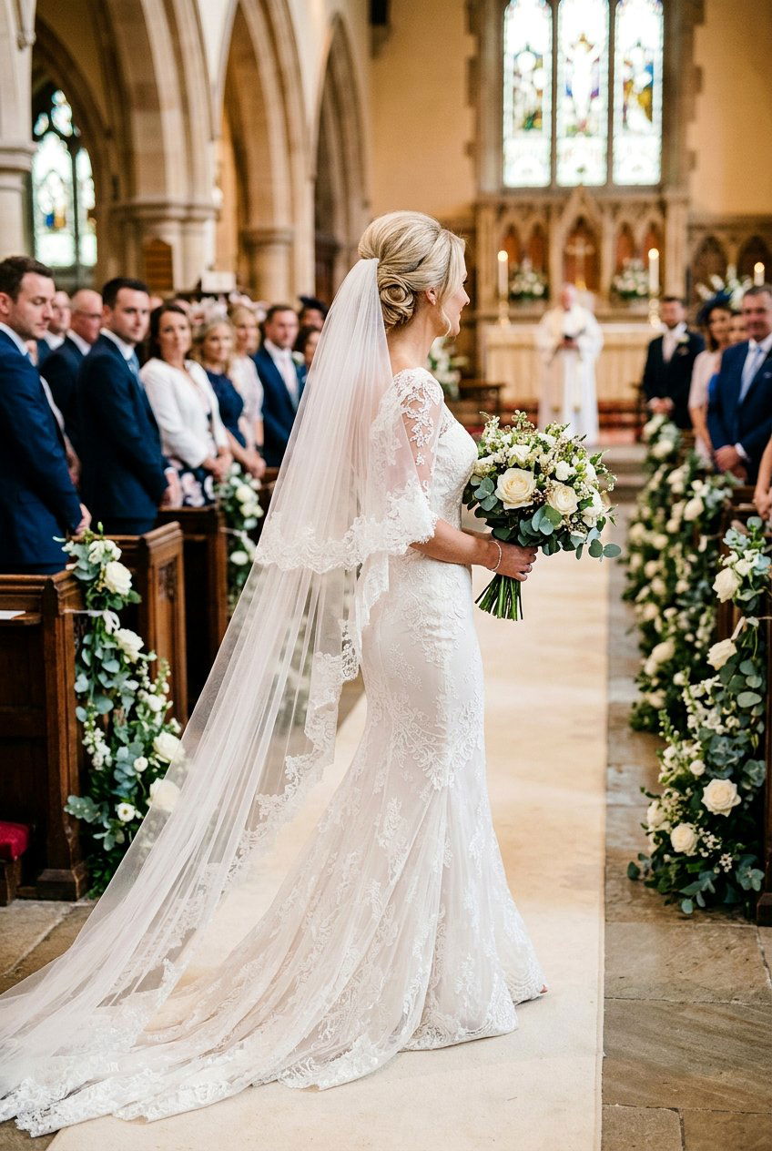 Side Bun With Chapel Veil - 20 bridal side bun with veil - 20 bridal side bun with veil