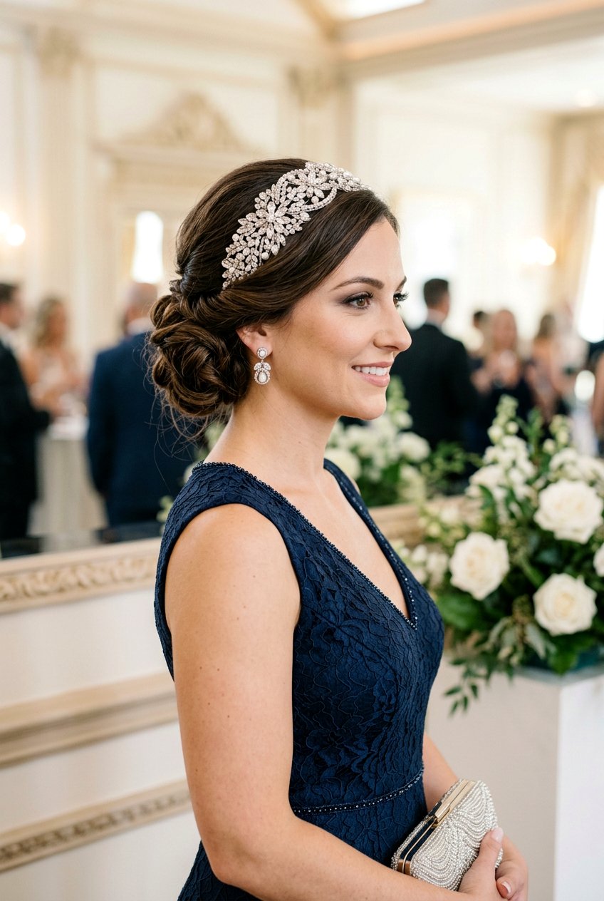 Side Bun With Embellished Headband - 20 headband bun hairstyle - 20 headband bun hairstyle