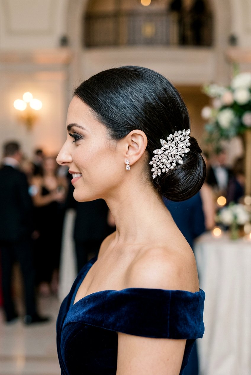 Side Bun With Jeweled Hair Comb - 20 formal wedding guest side bun - 20 formal wedding guest side bun