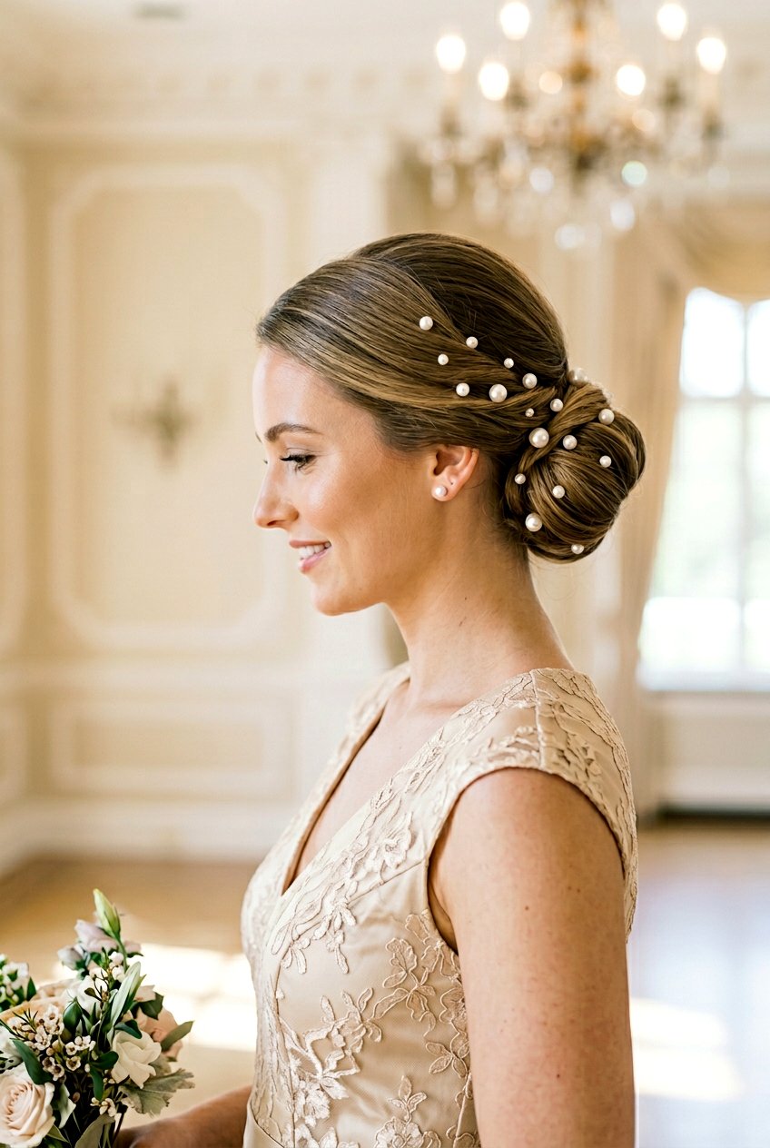 Side Bun With Pearl Hair Accessories - 20 formal wedding guest side bun - 20 formal wedding guest side bun