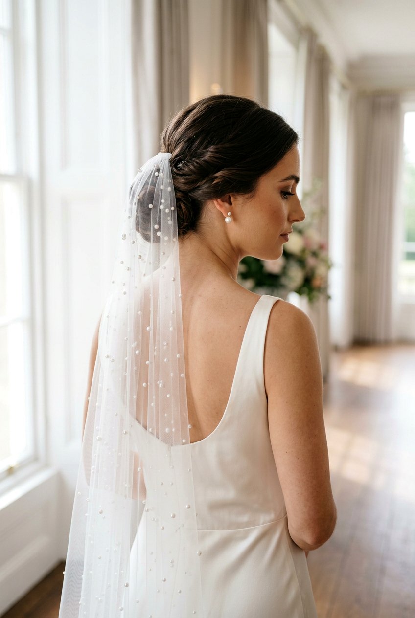Side Bun With Pearl Veil - 20 bridal side bun with veil - 20 bridal side bun with veil
