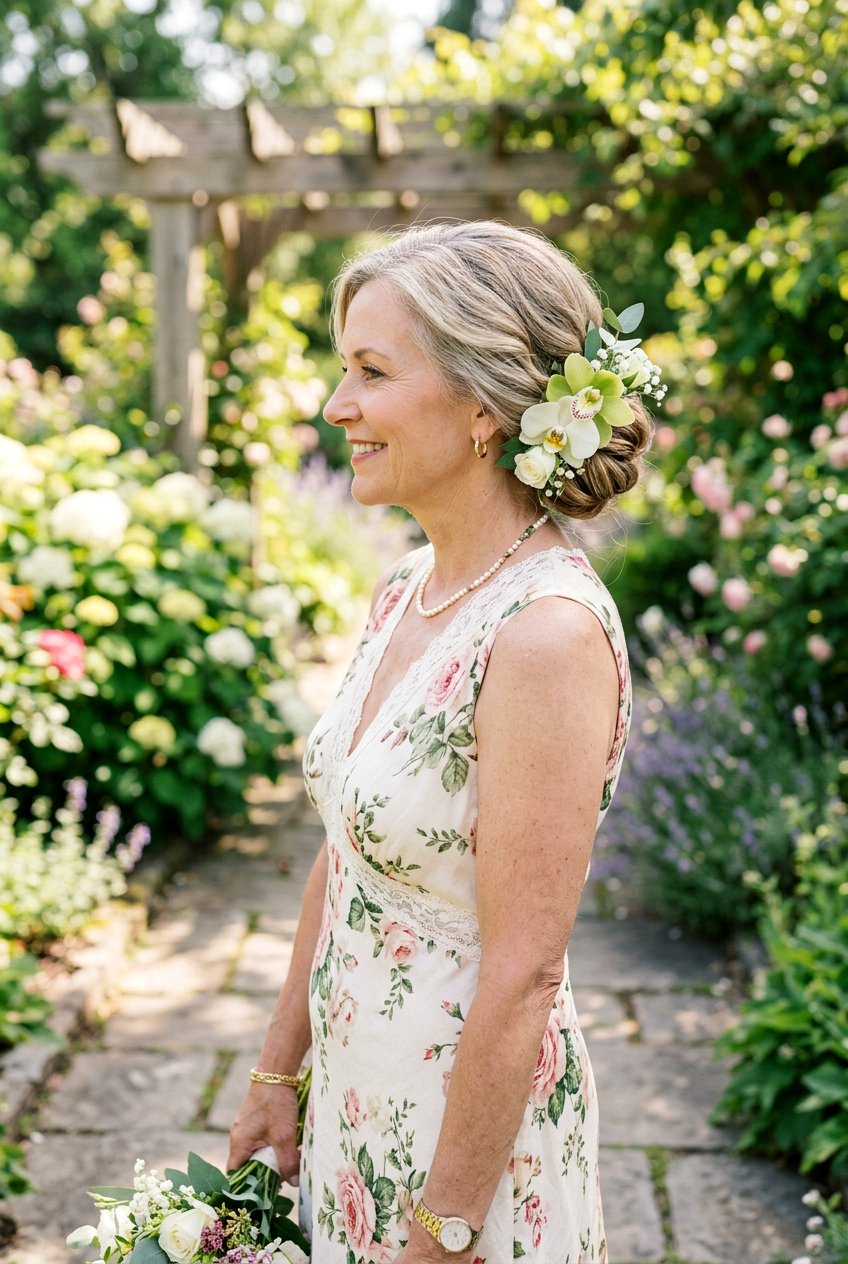 Side Bun with Flowers - 20 bridal hairstyle for mature bride - 20 bridal hairstyle for mature bride