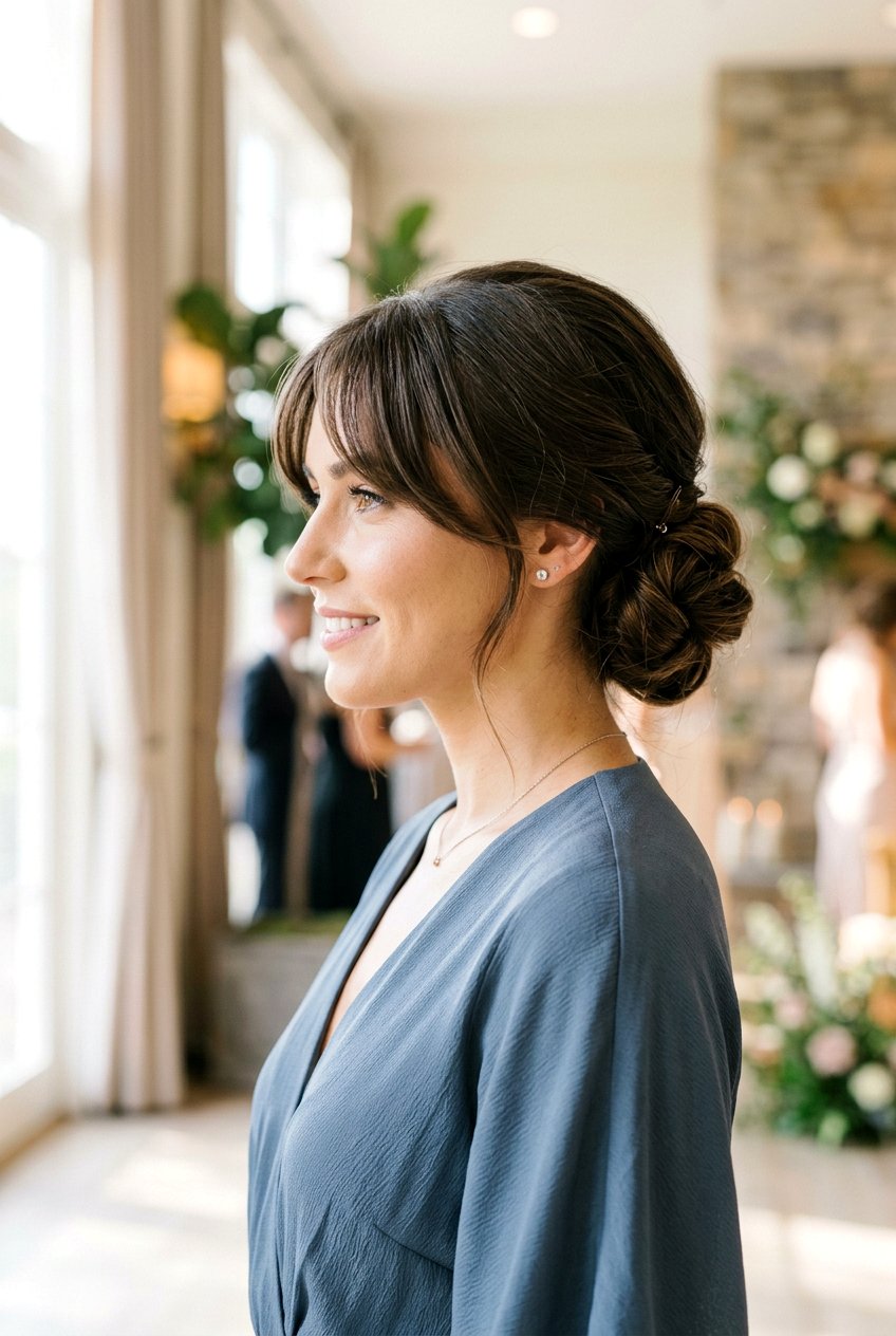 Side Chignon With Sweeping Bangs - 20 formal wedding guest side bun - 20 formal wedding guest side bun