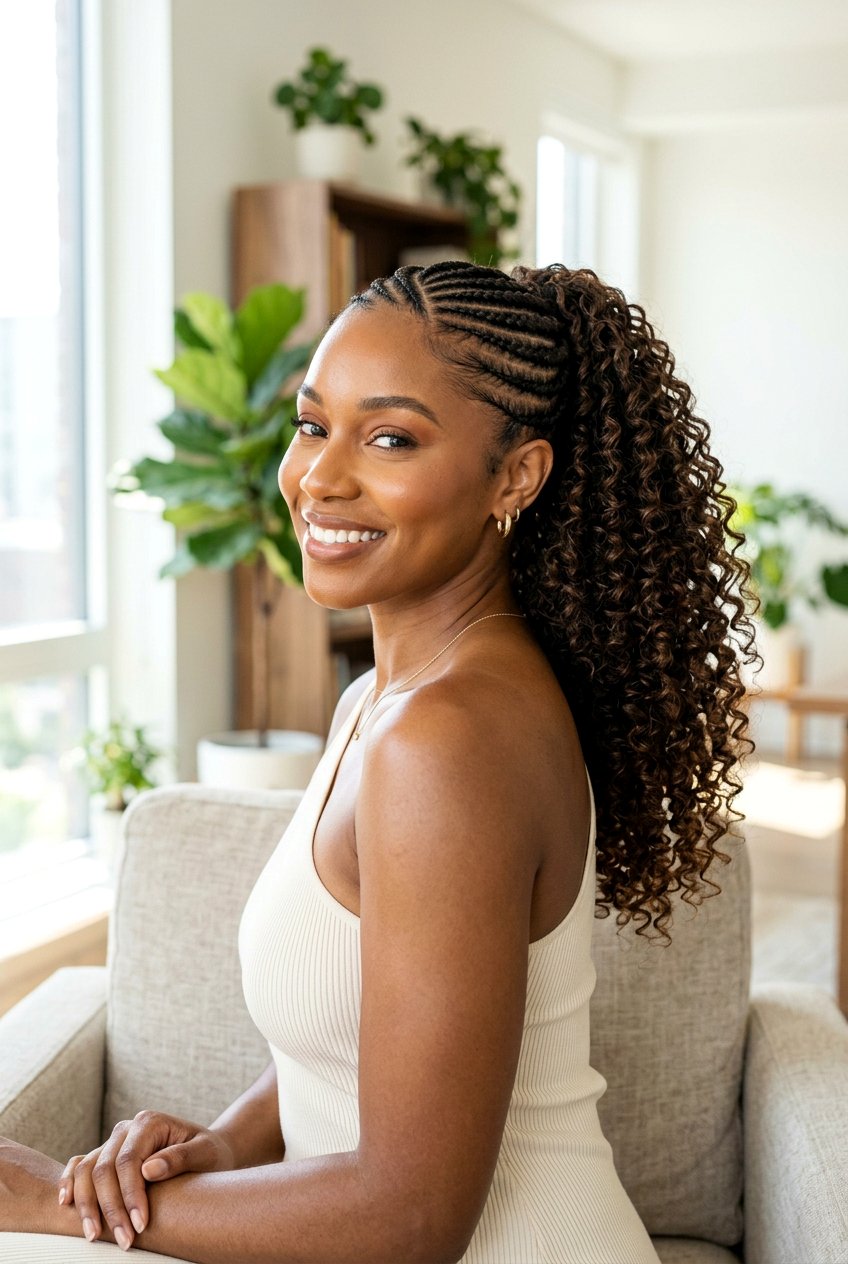 Side Cornrows With Curly Ponytail - 20 cornrows with curly ponytail - 20 cornrows with curly ponytail