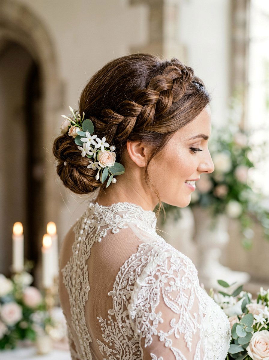 Side Crown Braid Bridal Bun - 20 side braided bridal bun - 20 side braided bridal bun