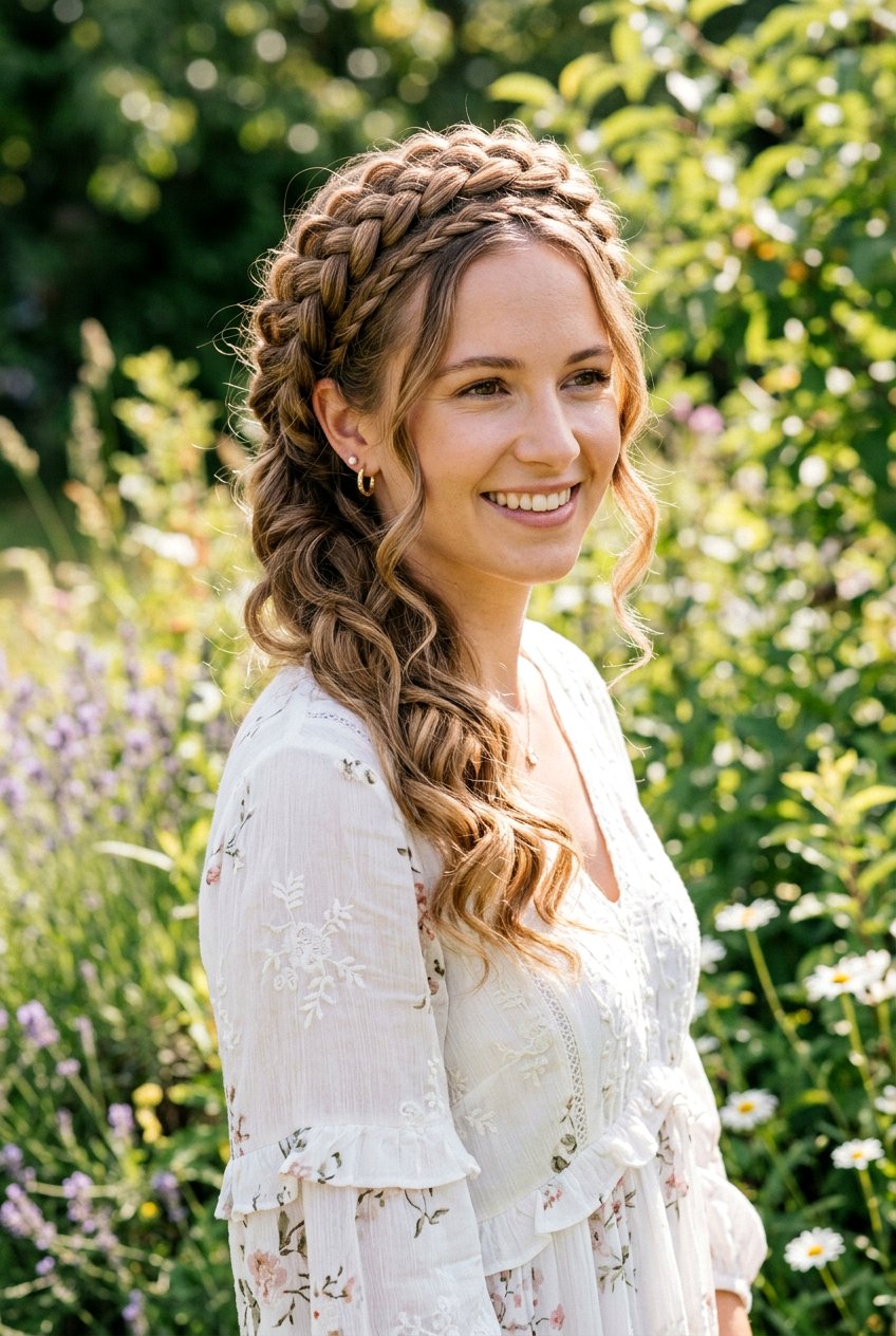 Side Curls With Braided Crown - 20 birthday hairstyle with side curls - 20 birthday hairstyle with side curls