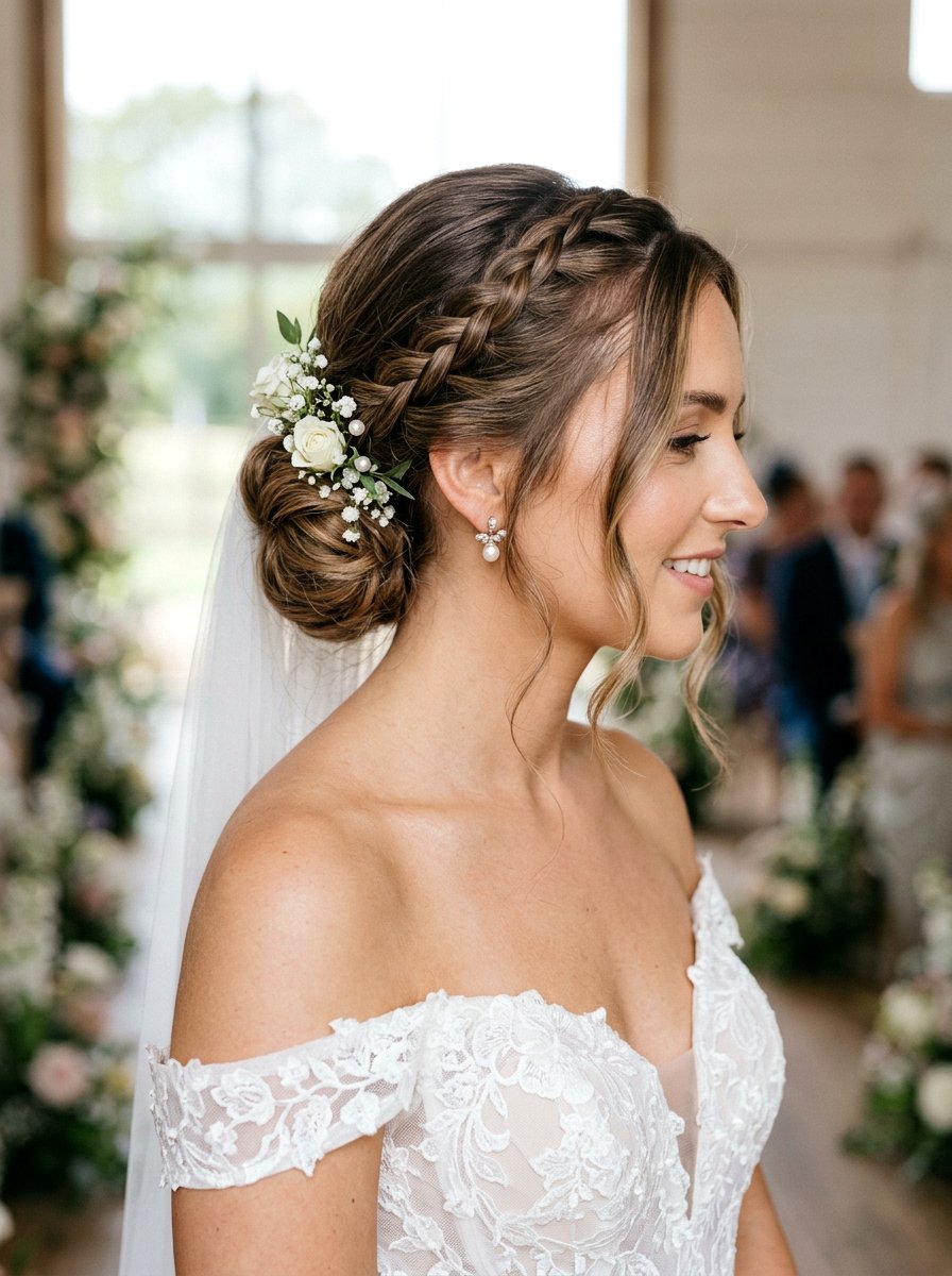 Side French Braid Low Bridal Bun - 20 side braided bridal bun - 20 side braided bridal bun