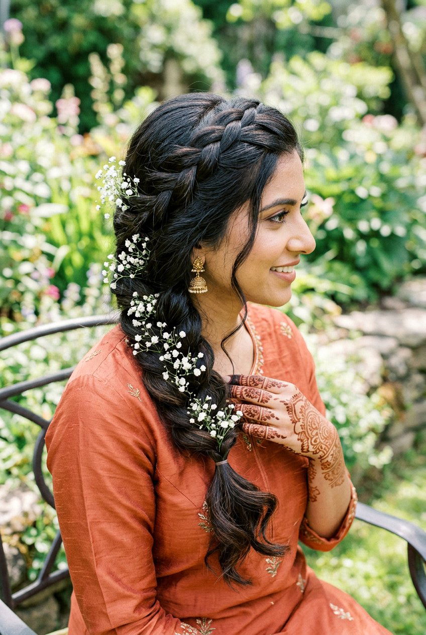 Side French Braid Mehndi Hairstyle - 20 mehndi braid hairstyles - 20 mehndi braid hairstyles