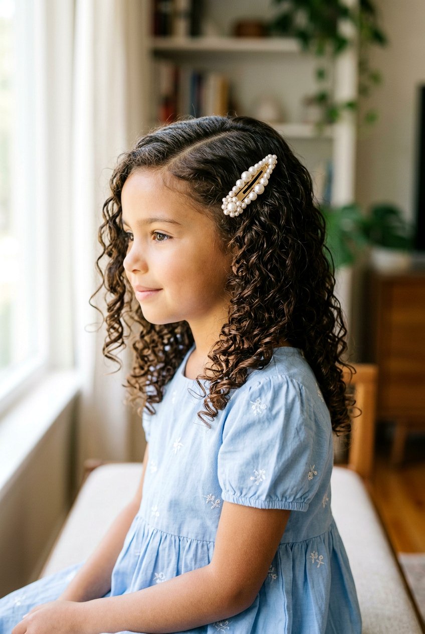 Side Part Curls With Barrette - 20 flower girl hairstyles with curls - 20 flower girl hairstyles with curls