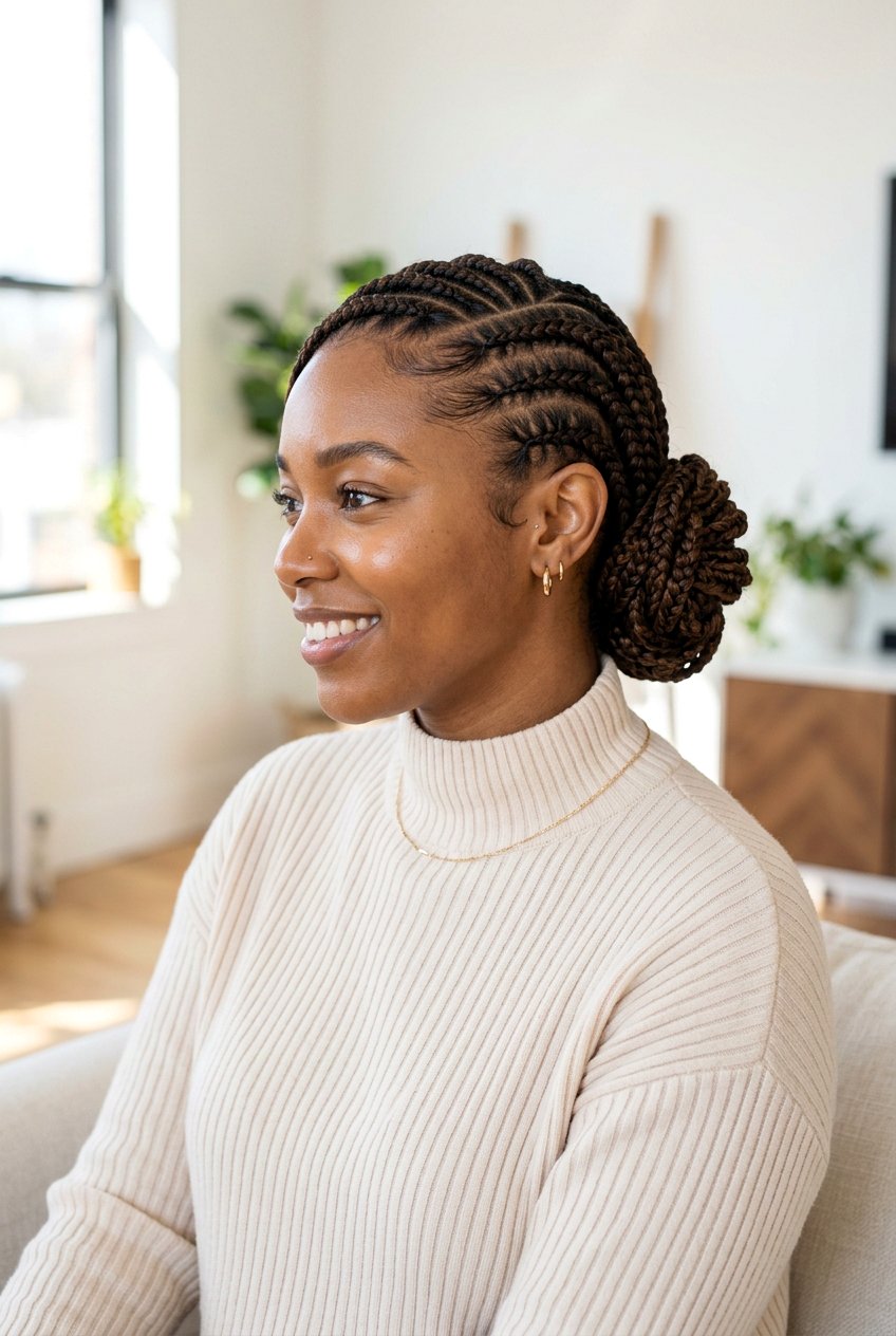 Side Part Feed In Braids Bun - 20 feed in braids with curly bun - 20 feed in braids with curly bun