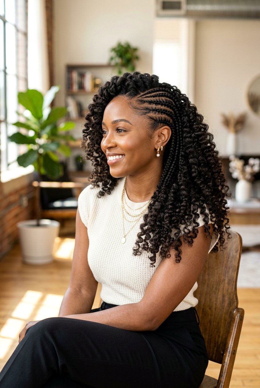 Side Part Half Cornrow Half Curls - 20 half cornrow half curls styles - 20 half cornrow half curls styles