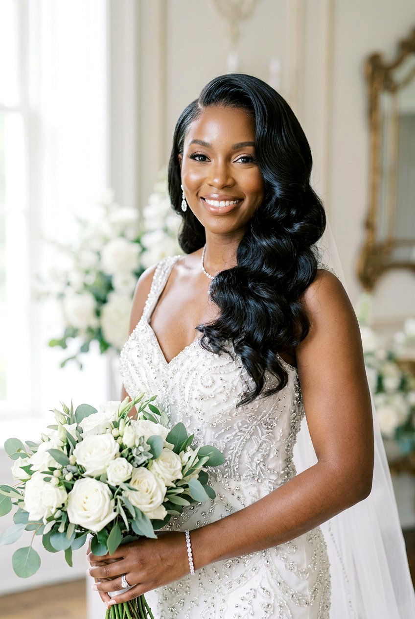 Side Part Hollywood Waves For Black Brides - 20 wedding hairstyles for black brides - 20 wedding hairstyles for black brides