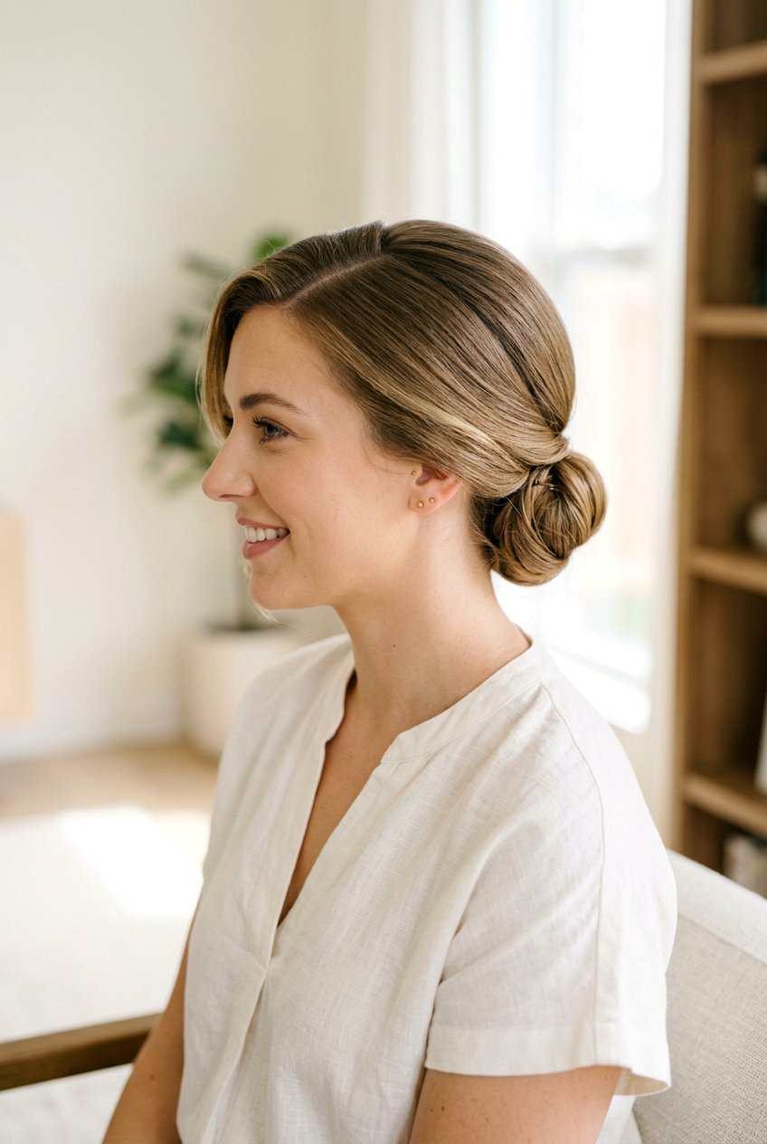 Side Part Low Bun For Soft Professional Look - 20 interview bun hairstyle - 20 interview bun hairstyle