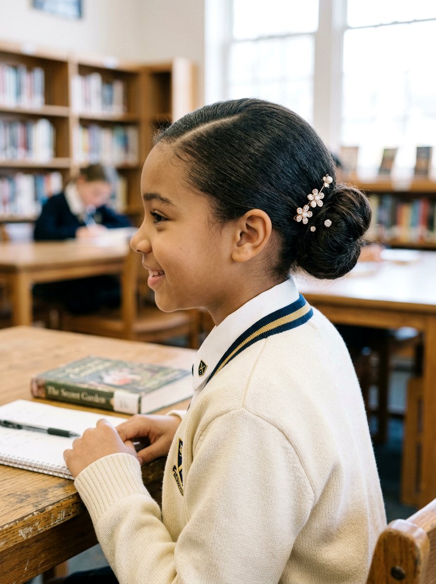 Side Part Low Bun With Jeweled Clips - 20 simple school hairstyle with clips - 20 simple school hairstyle with clips